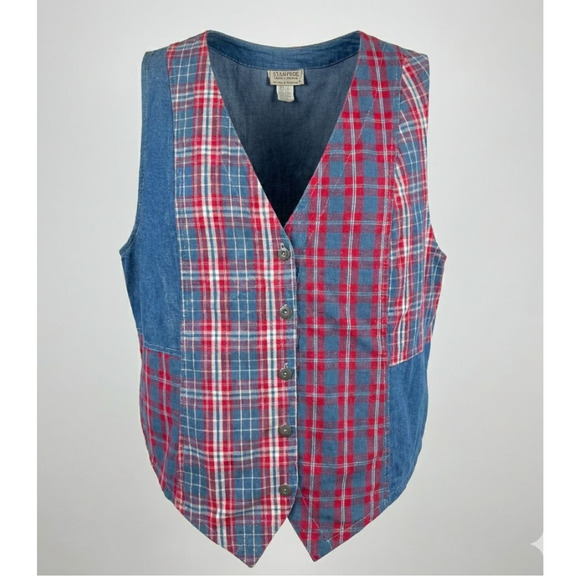 Stampede Jackets & Blazers - Vintage Stampede Patchwork Denim Vest Plaid Western USA Made 2X